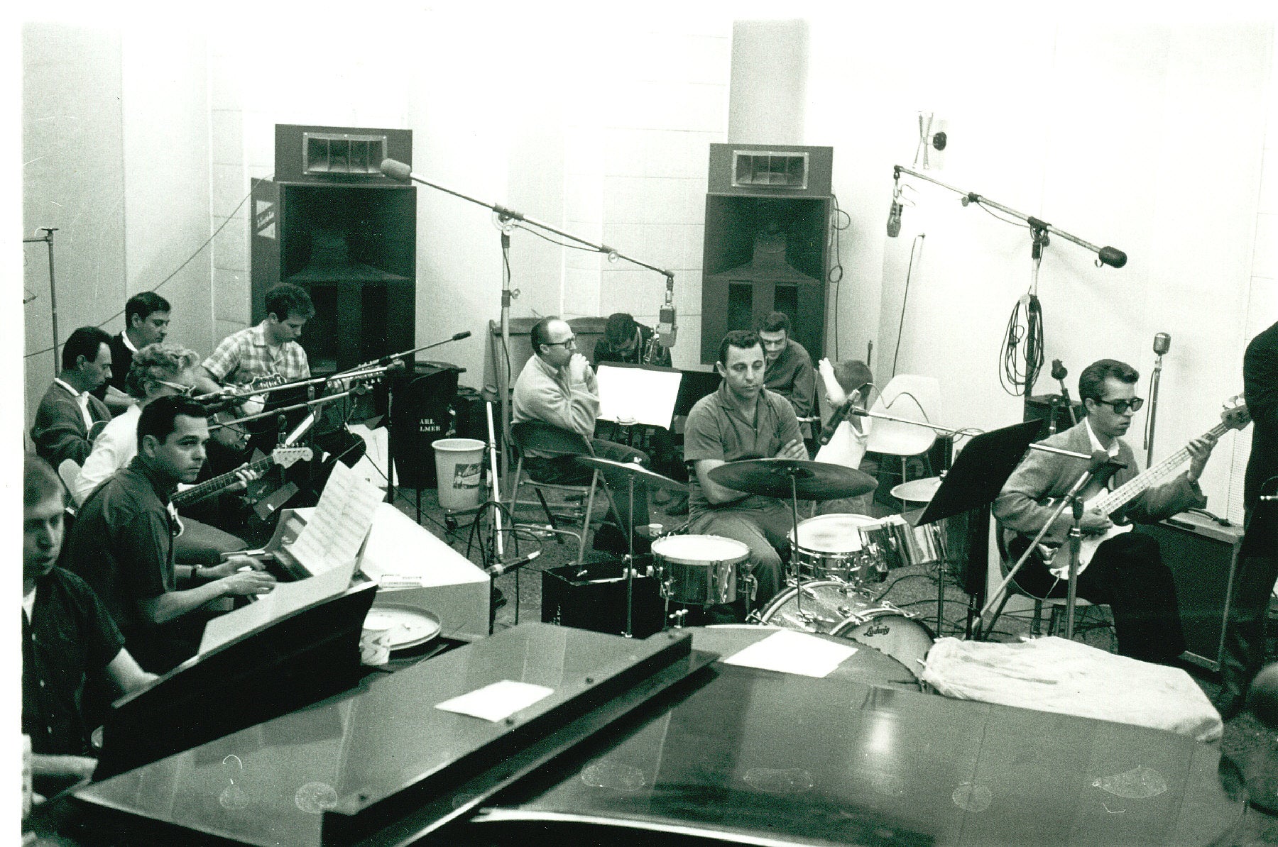 Session musicians of the legendary "Wrecking Crew" rehearsing at Gold Star